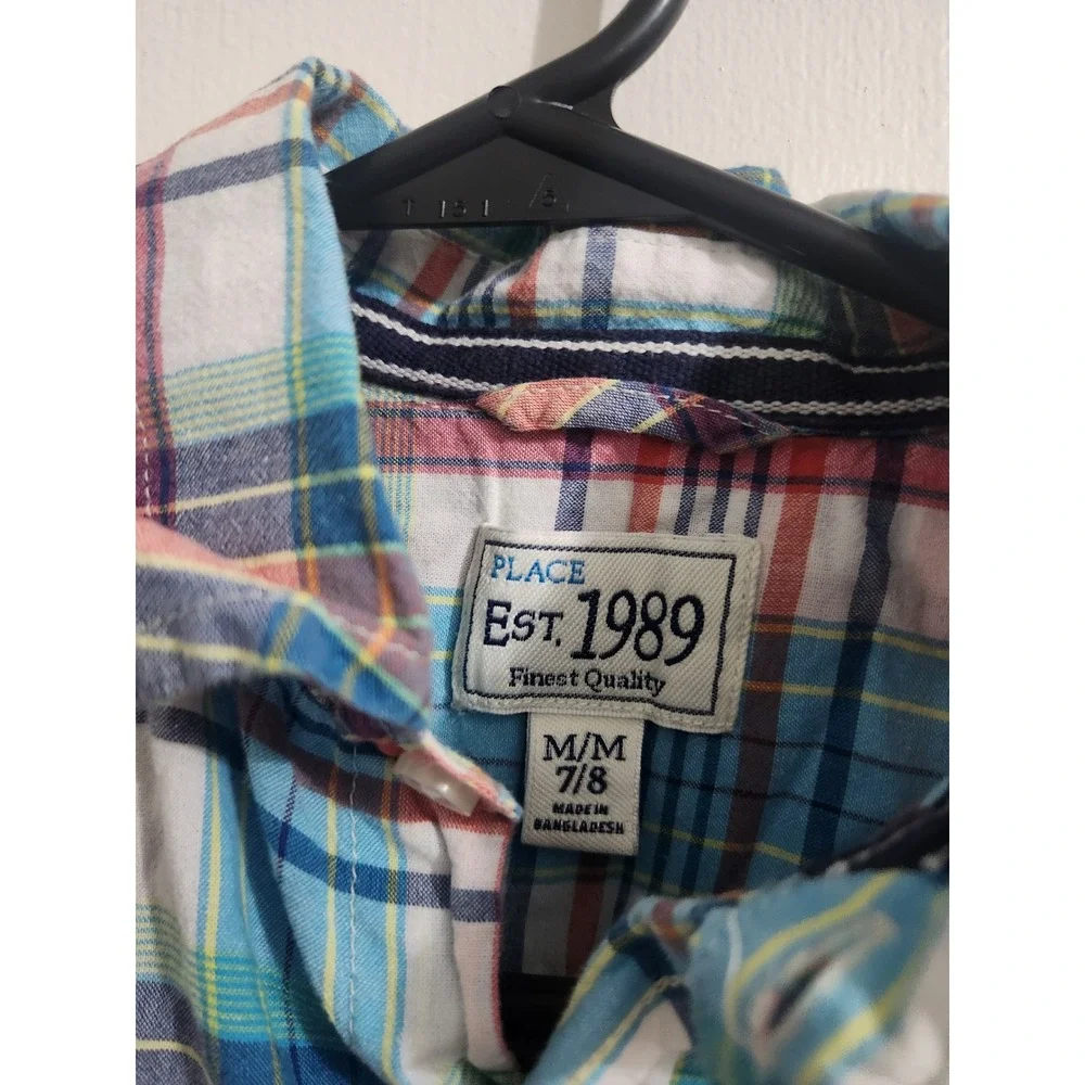 The Children's Place Boys Blue Plaid Short Sleeve Button Down Shirt Size M 7/8